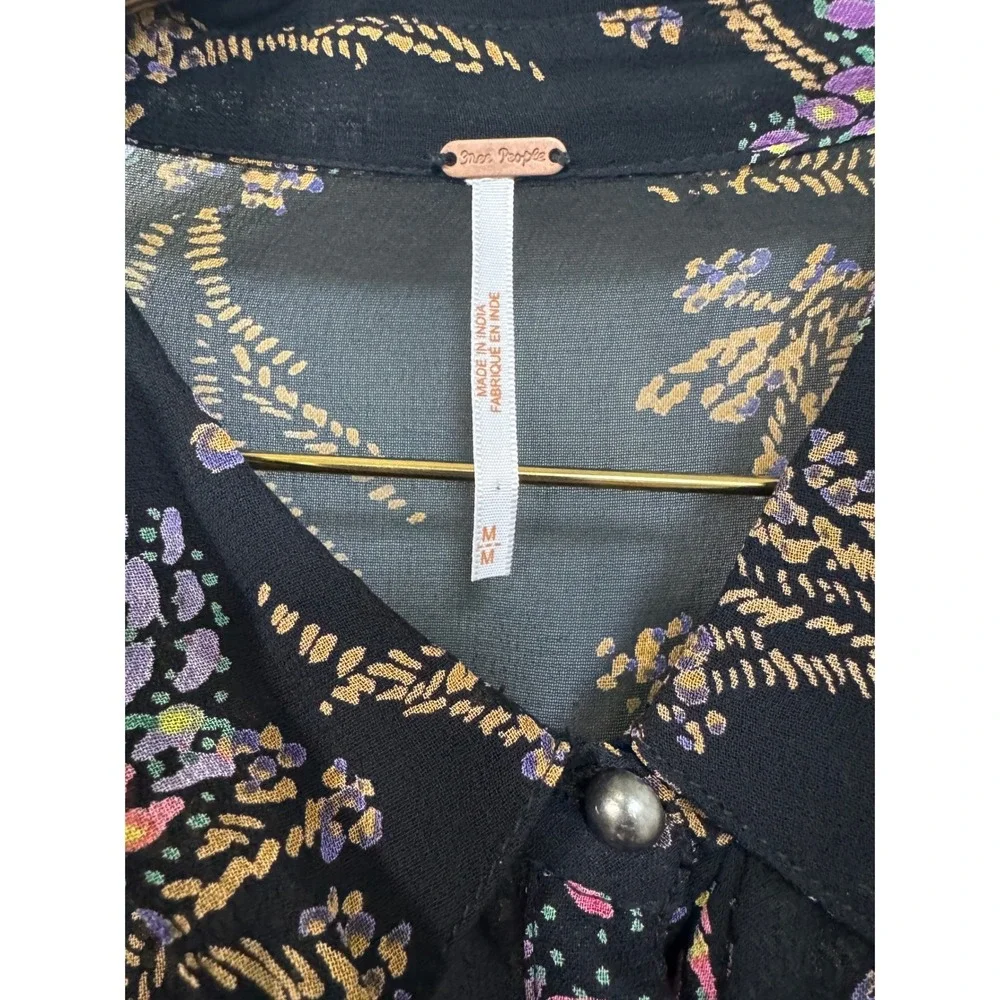 Free People Fake Pretend Black Floral Print Long Sleeve Mini Dress Smocked Waist